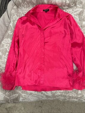Beulah Satin Top in Vibrant Fuchsia with Feather Cuffs